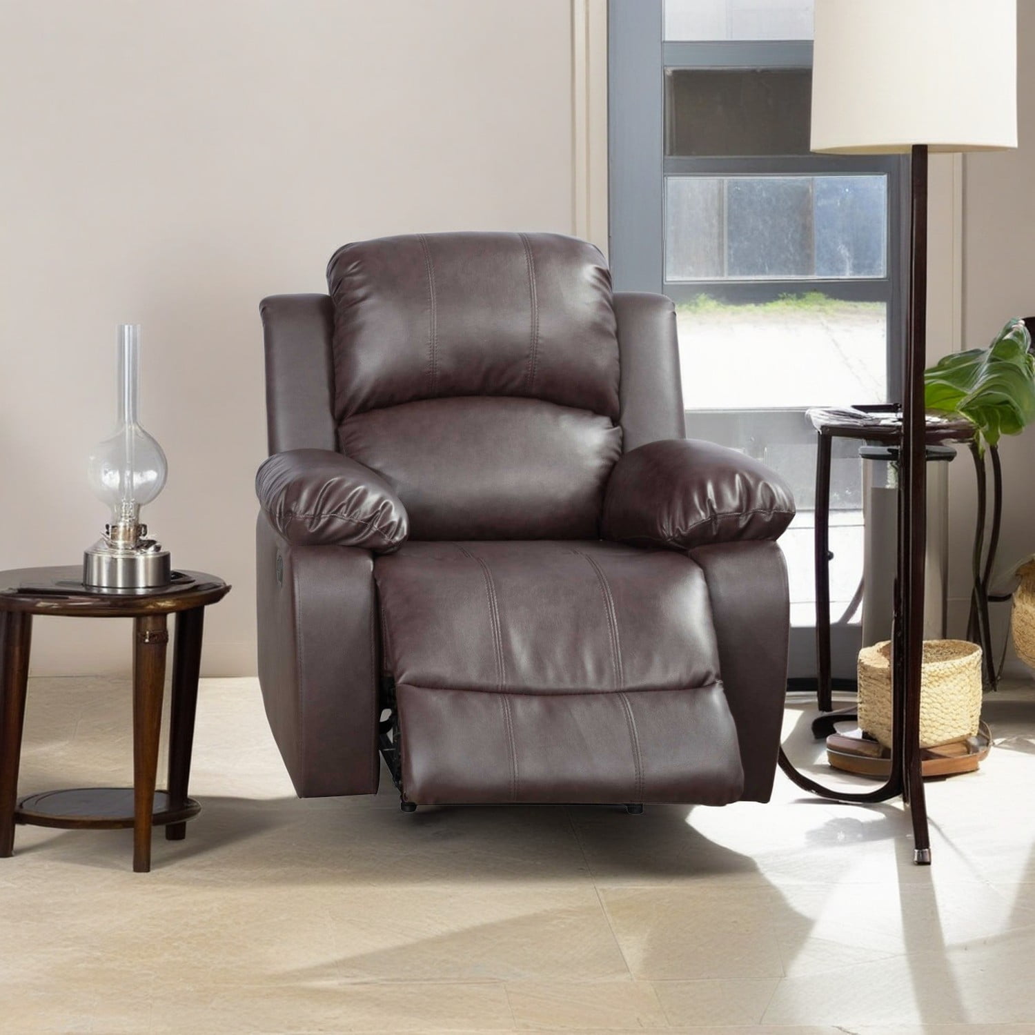 Hommoo Recycled Leather Manual Single Rocker Recliner Sofa, Heavy Duty Reclining Chair for Home with Overstuffed Arm and Back, Brown