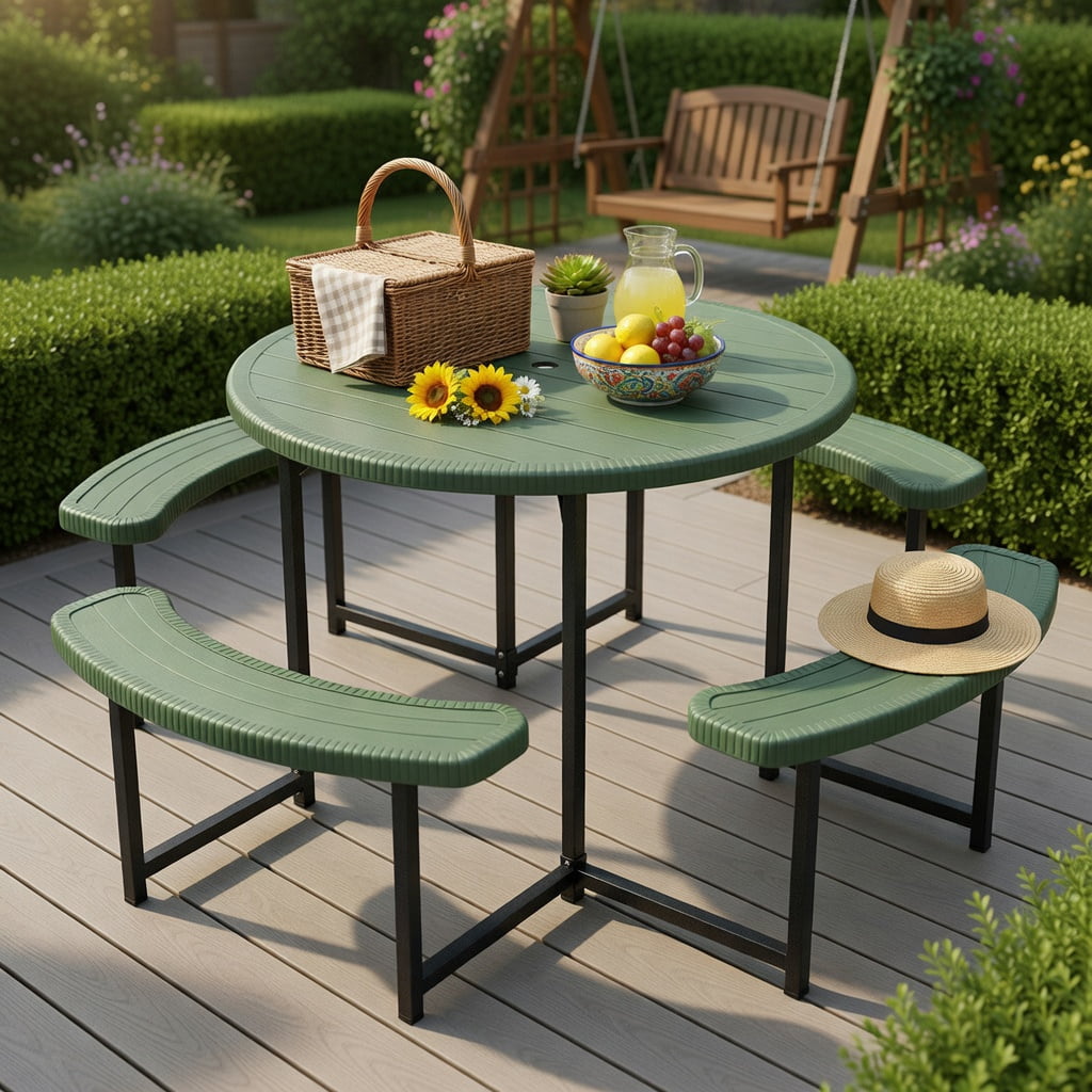 Hommoo Round Outdoor Picnic Table Set with 4 Benches, Umbrella Hole, Heavy-Duty Metal Frame & HDPE Top, White