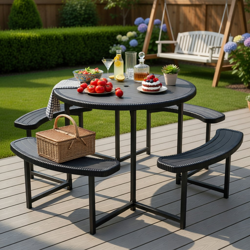 Hommoo Round Outdoor Picnic Table Set with 4 Benches & Umbrella Hole, Heavy-Duty Metal Frame, Weatherproof HDPE Top, Black