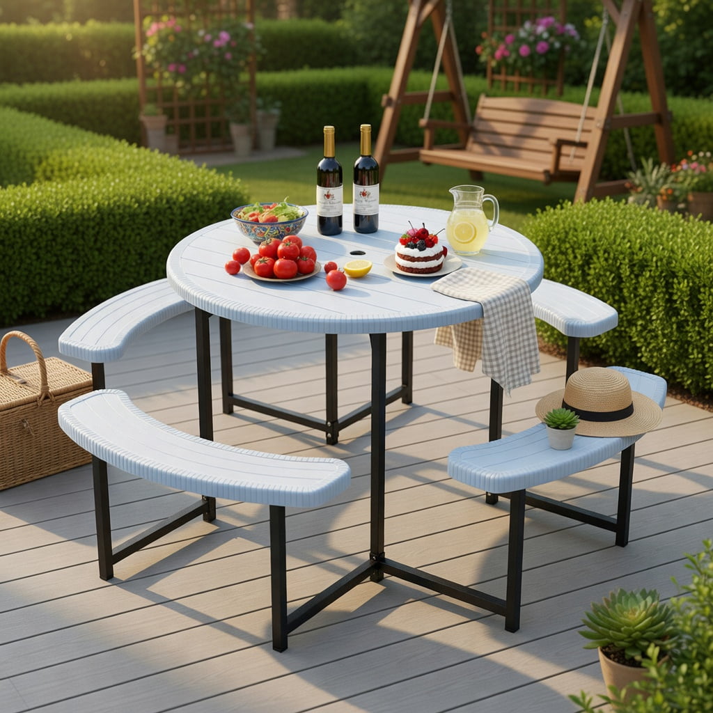 Hommoo Round Outdoor Picnic Table Set with 4 Matching Benches & Umbrella Hole, Weather-Resistant HDPE Top, Heavy-Duty Metal Frame, White