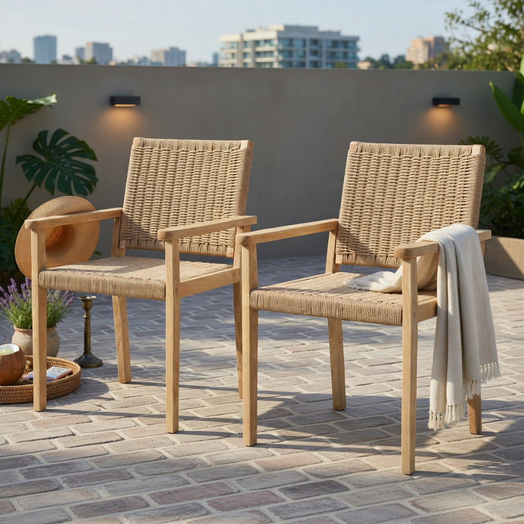 Hommoo Rubber Wood Dining Chairs Set of 2, Indoor & Outdoor Woven Paper Rope Chairs, Ideal for Patio, Balcony, Living Room & Kitchen, Natural