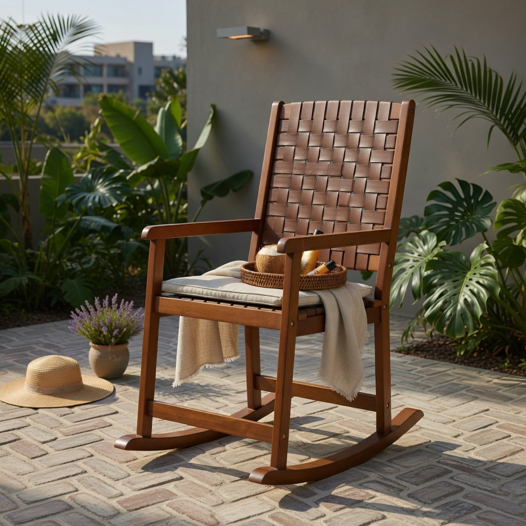 Hommoo Rubber Wood Patio Rocking Chair with PU Leather Seat, Indoor & Outdoor Balcony, Backyard, Living Room Rocker, Sturdy, Easy Assembly, Brown