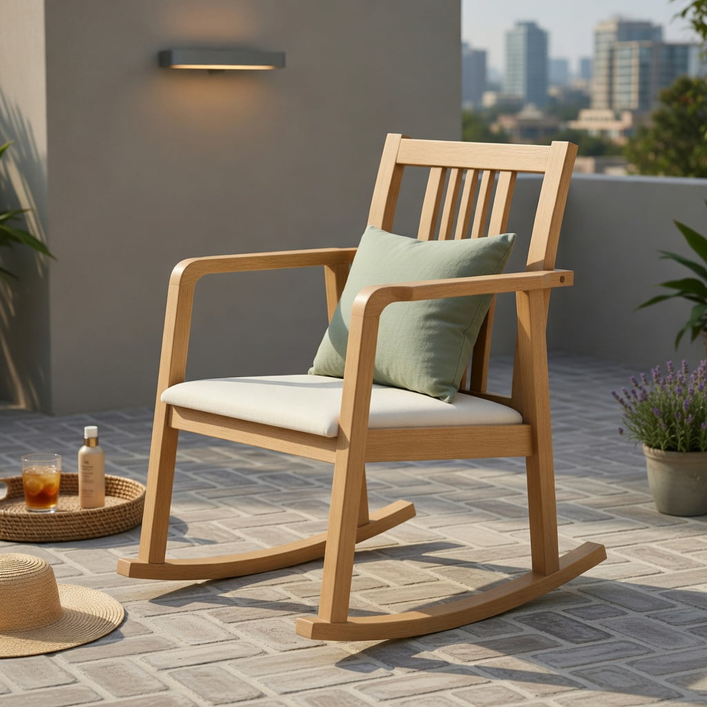 Hommoo Rubber Wood Rocking Chair with Slatted Back, Curved Armrests & Linen Upholstery, Ergonomic Indoor/Outdoor Relaxation Chair, Natural