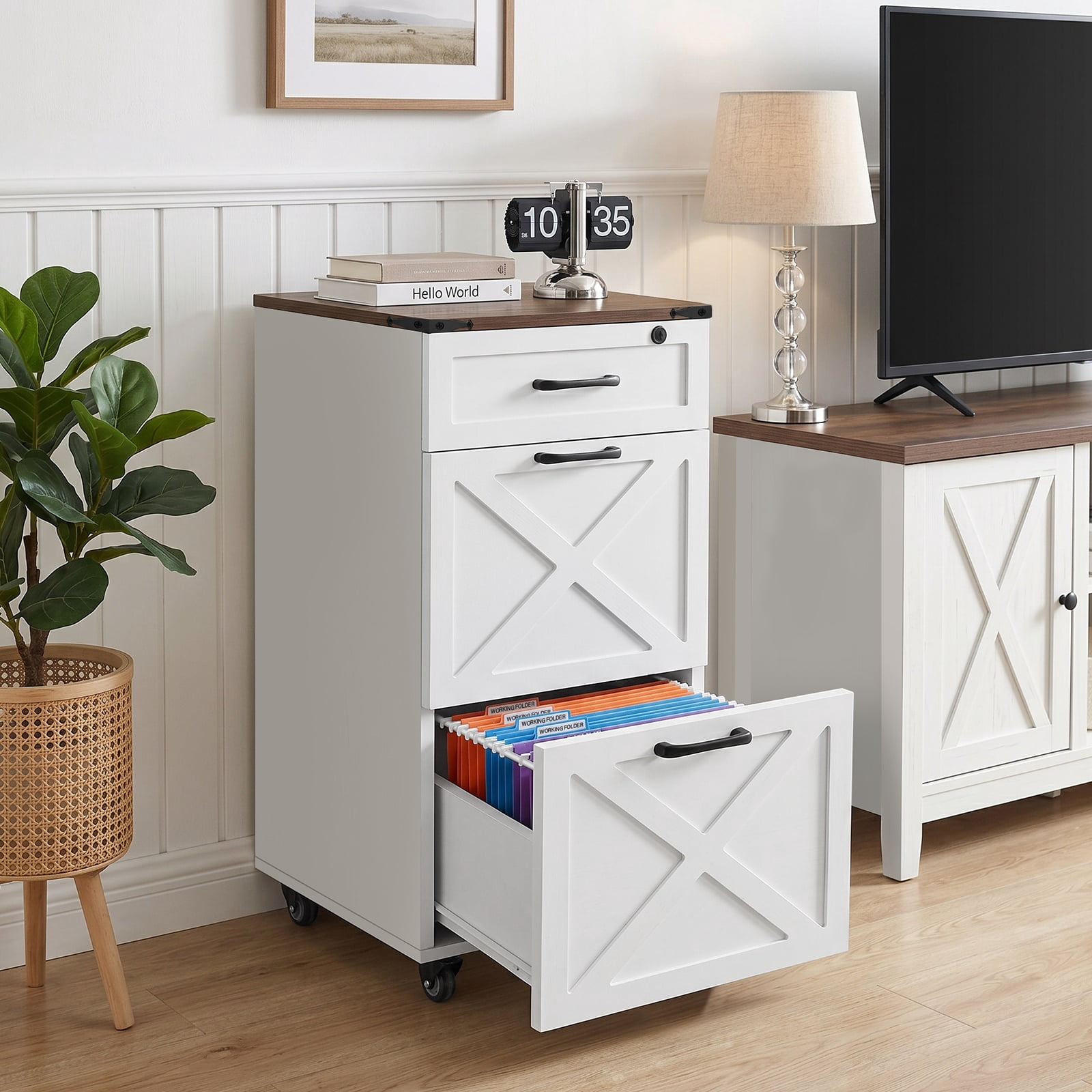 Hommoo Rustic Farmhouse 3-Drawer Rolling File Cabinet with Locking Top Drawer, Compact Mobile Printer Stand & A4/Letter File Organizer for Home Office, White