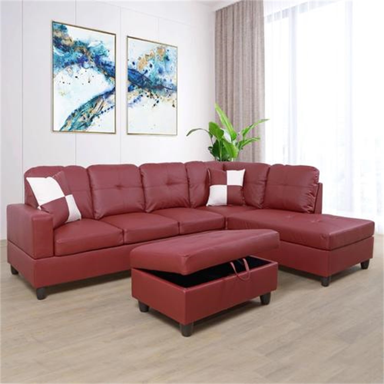 Hommoo Semi Pu Leather Sectional Sofa Couch Living Room Furniture Sets Modern L Shaped Set Red No Ottoman Com