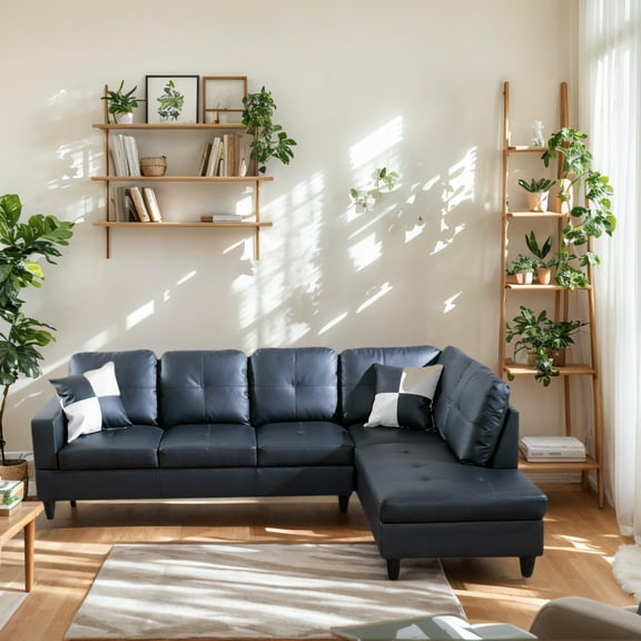 Hommoo Semi PU Leather Sectional Sofa, L Shaped Couch, Sectional Sofa Set for Small Space Living Room, Black(Without Ottoman)