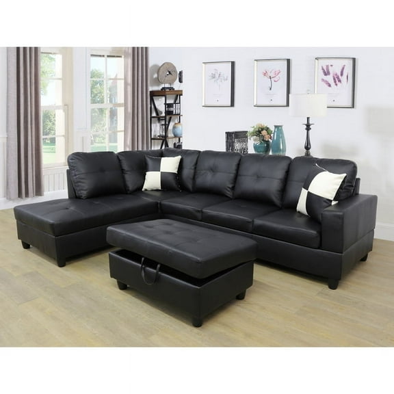 Hommoo Semi PU Leather Sectional Sofa, L Shaped Couch, Sectional Sofa Set for Small Space Living Room, Black(Without Ottoman)
