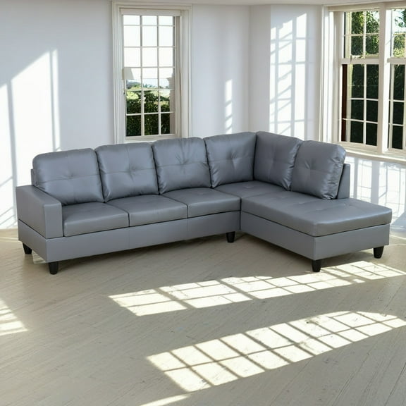 Hommoo Semi PU Synthetic Leather 4-Seat Couch Living Room Sofa Set, Modern Couch Sofa Set, Sectional Sofa Chaise Lounge for Home, Apartment, Loft and Office, Dark Grey(Without Ottoman)