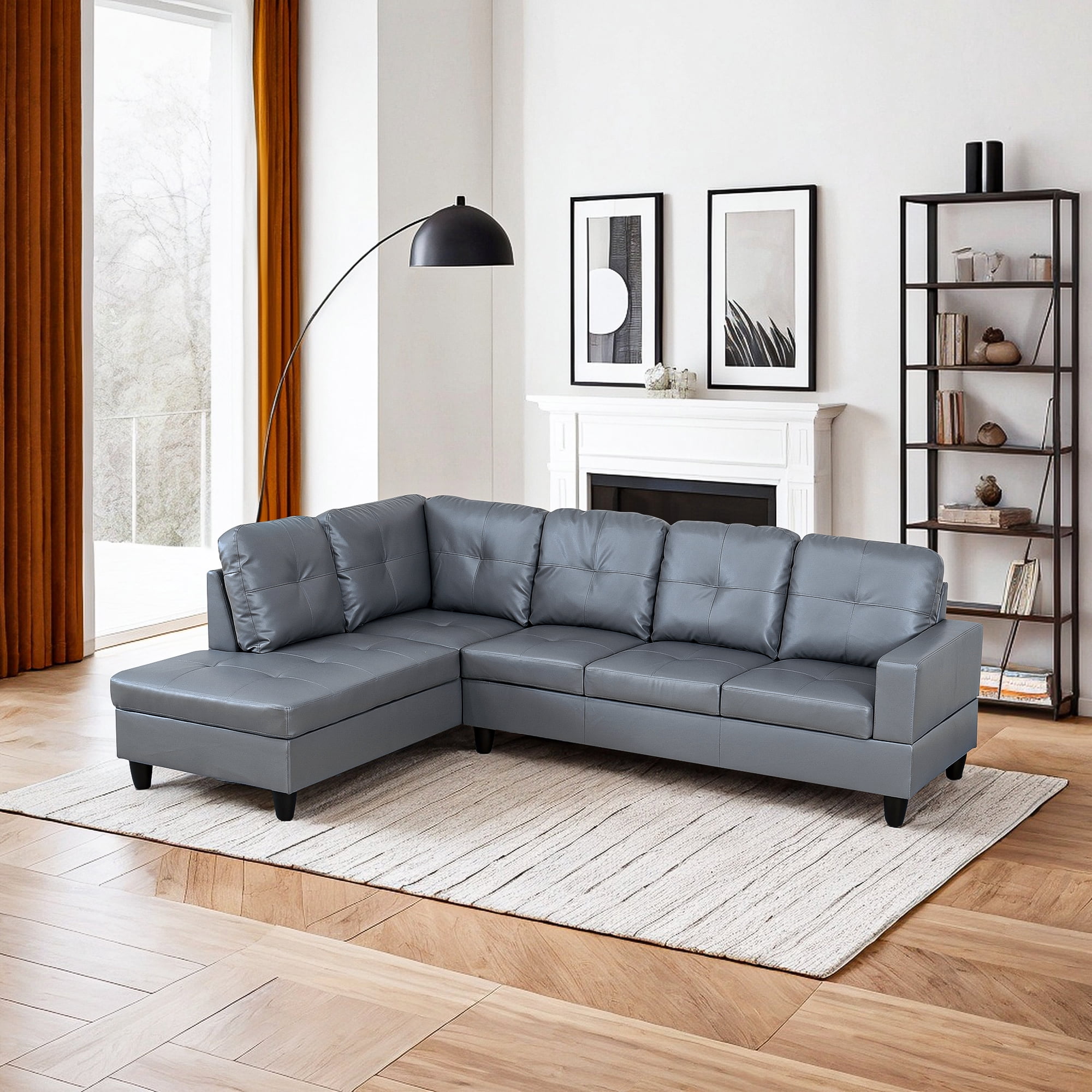 Hommoo Semi PU Synthetic Leather 4-Seat Couch Living Room Sofa Set, Modern Couch Sofa Set, Sectional Sofa Chaise Lounge for Home, Apartment, Loft and Office, Dark Grey(Without Ottoman)