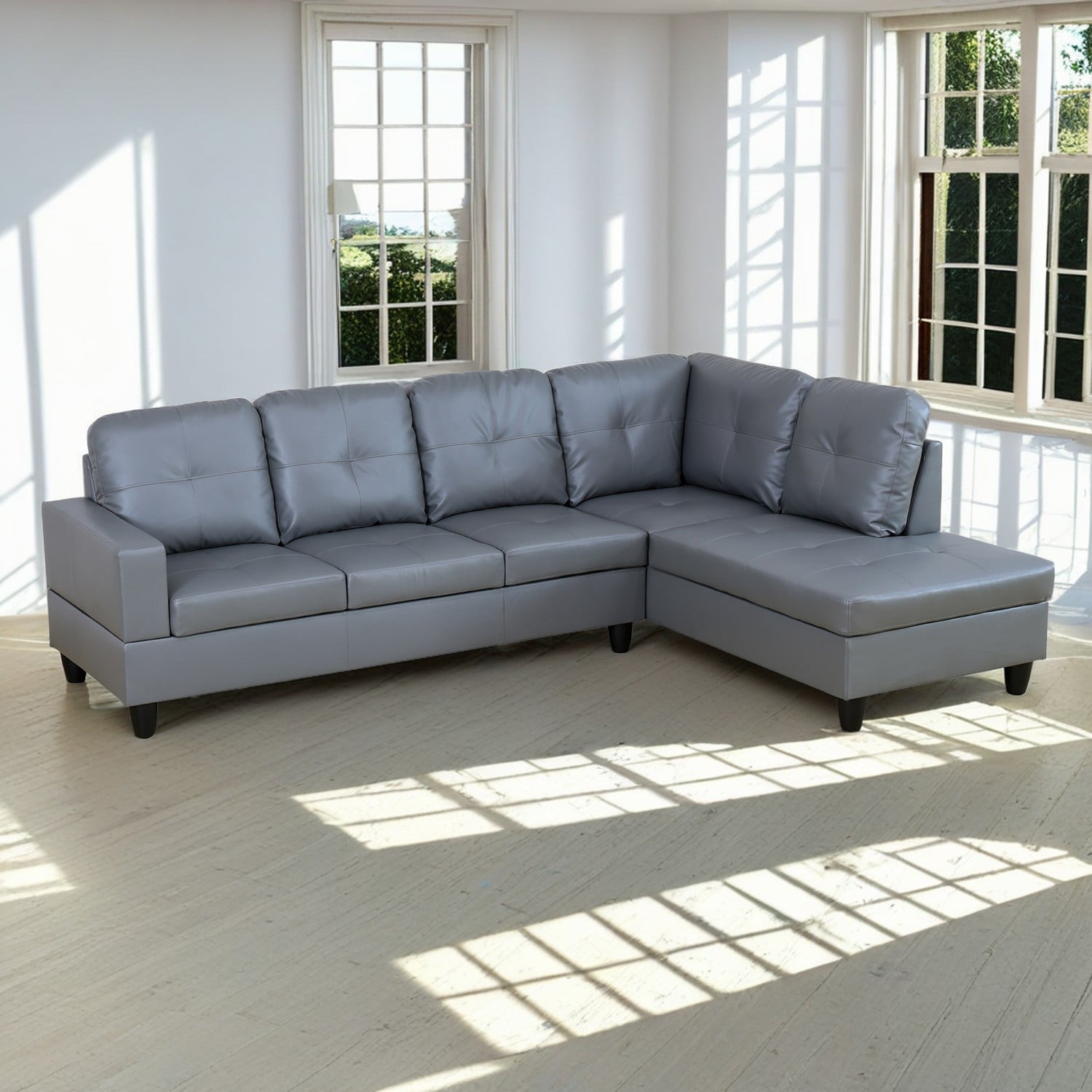 Hommoo Semi PU Synthetic Leather 4-Seat Couch Living Room Sofa Set, Modern Couch Sofa Set, Sectional Sofa Chaise Lounge for Home, Apartment, Loft and Office, Dark Grey(Without Ottoman)