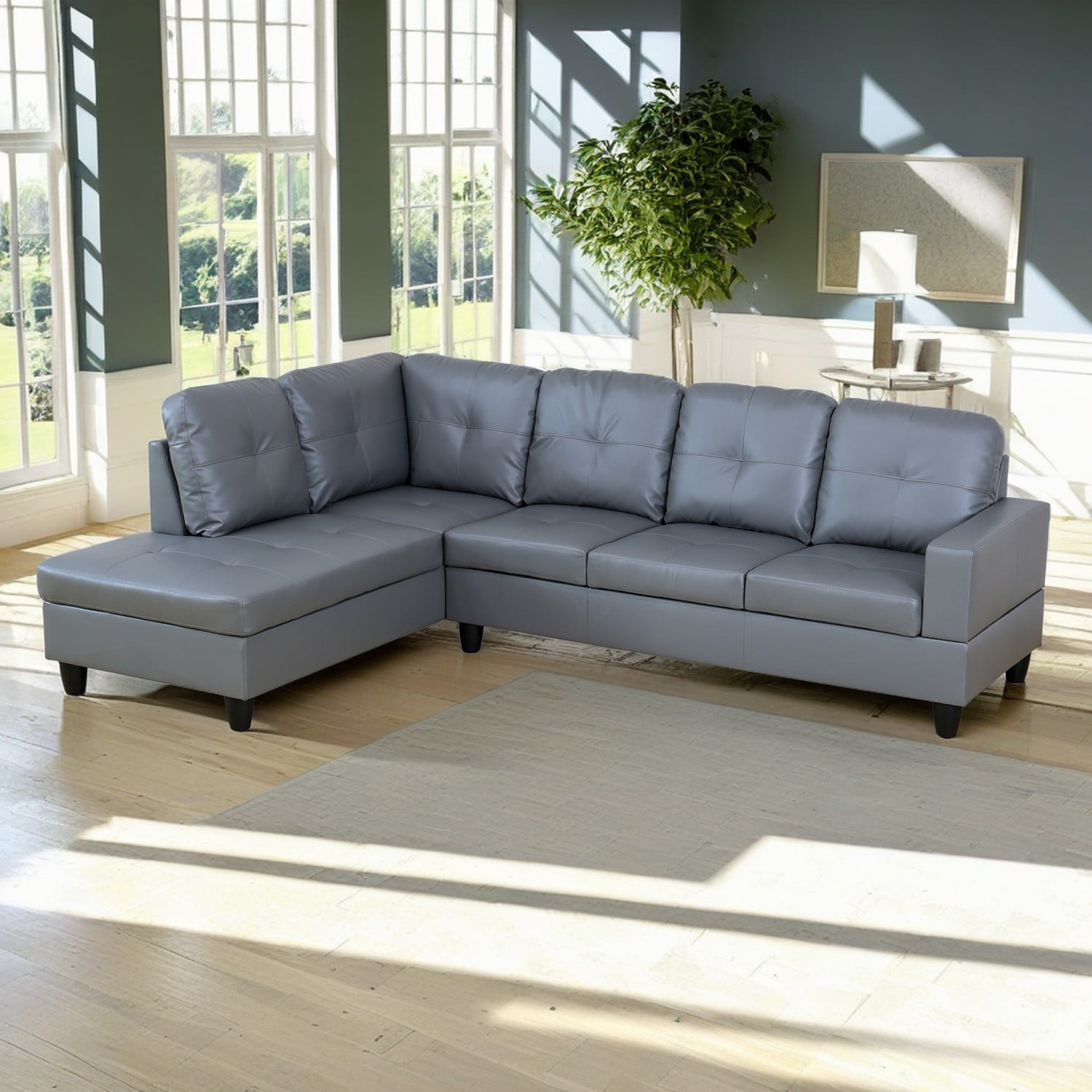 Hommoo Semi PU Synthetic Leather 4-Seat Couch Living Room Sofa Set, Modern Couch Sofa Set, Sectional Sofa Chaise Lounge for Home, Apartment, Loft and Office, Dark Grey(Without Ottoman)