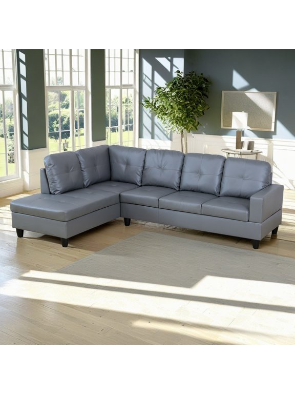 Semi PU Synthetic Leather 4-Seat Couch Living Room Sofa Set, Modern Couch Sofa Set, Sectional Sofa Chaise Lounge for Home, Apartment, Loft and Office, Dark Grey(Without Ottoman)