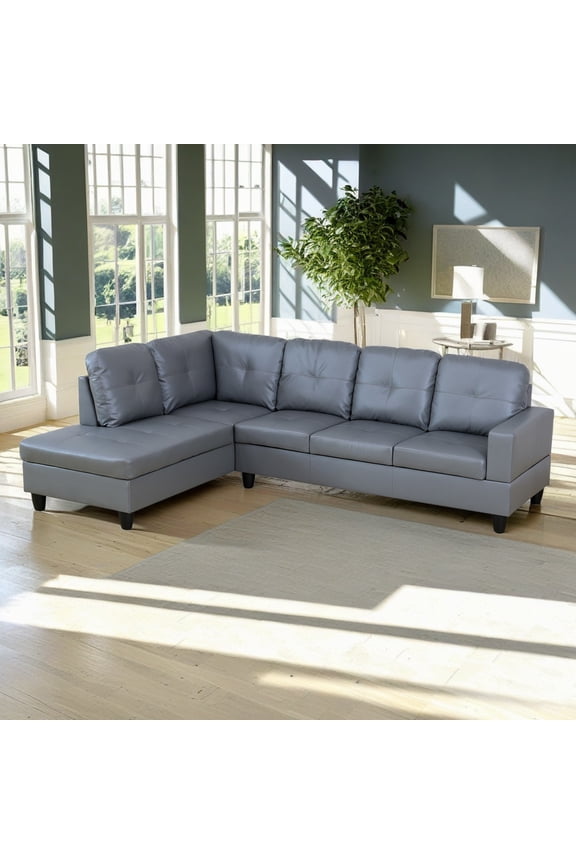 Semi PU Synthetic Leather 4-Seat Couch Living Room Sofa Set, Modern Couch Sofa Set, Sectional Sofa Chaise Lounge for Home, Apartment, Loft and Office, Dark Grey(Without Ottoman)
