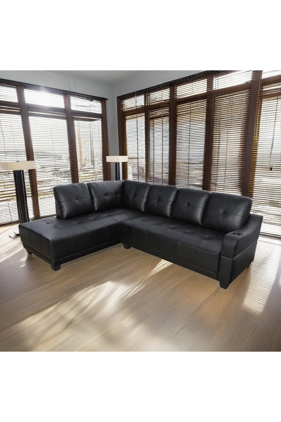 Semi PU Synthetic Leather L-Shaped Couch Living Room Sofa Set, Modern 3-Piece Couch Sofa Set, Sectional Sofa Chaise Lounge for Home, Apartment, Loft and Office, Black(Without Ottoman)