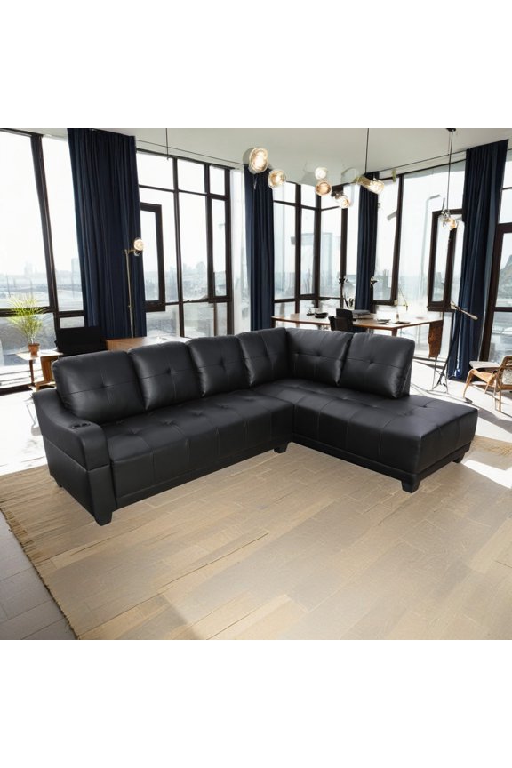 Semi PU Synthetic Leather L-Shaped Couch Living Room Sofa Set, Modern 3-Piece Couch Sofa Set, Sectional Sofa Chaise Lounge for Small Space, 16.5'' Back Height, Black(No Ottoman)