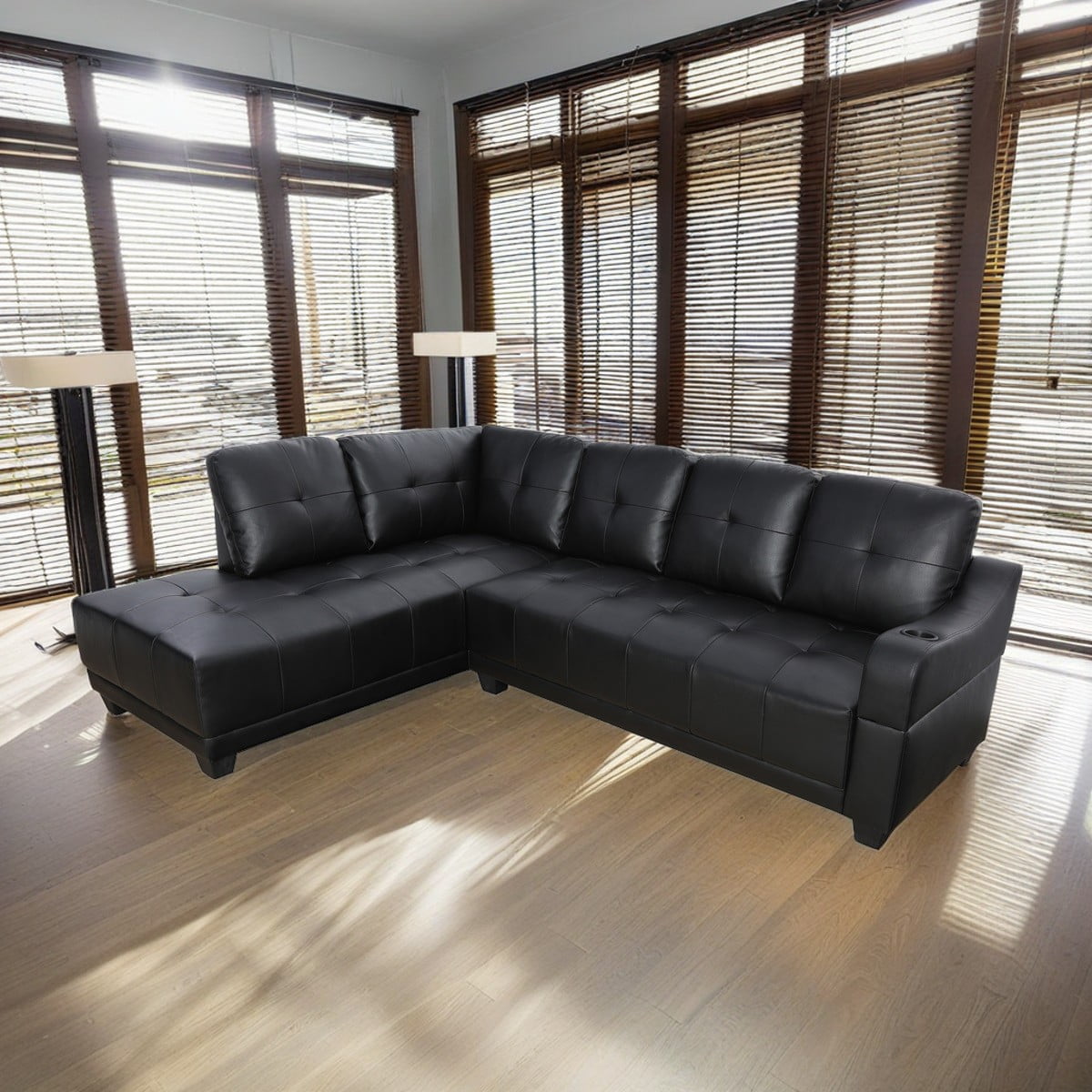 Hommoo Semi PU Synthetic Leather L-Shaped Couch sSofa Living Room Furniture Set, Modern 4-Seat Sectional Couch Sofa Set, Black(No Ottoman)