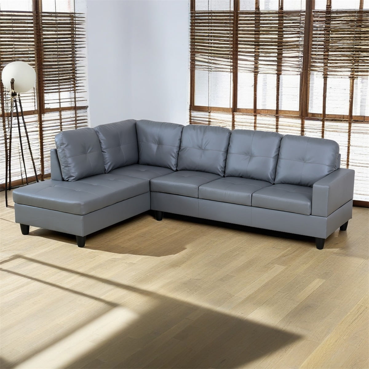 Hommoo Semi PU Synthetic Leather Living Room Furniture Sets, Modern 4-Seat Couch Sofa, 17.5'' Back Height Sectional Sofa for Small Space, Dark Grey(No Ottoman)