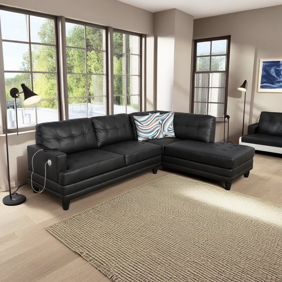 Hommoo Semi PU Synthetic Leather Vibrate The Massage Function Sofa, Modern Living Room Furniture Set Sectional Sofa, 4-Seat L-shaped Couch Sofa for Home&Office, 15.5'' Back Height, Black(No Ottomans)
