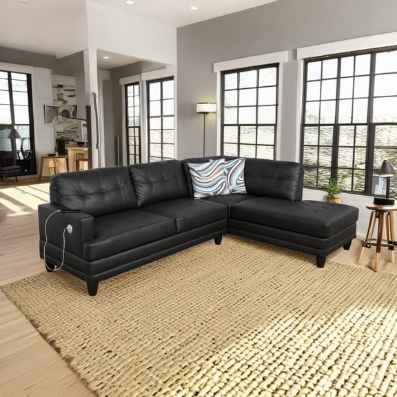Hommoo Semi PU Synthetic Leather Vibrate the Massage Function Sofa Set, L-shaped Couch Sofa Set, Modern Sectional Sofa for Home, Black(No Ottoman)