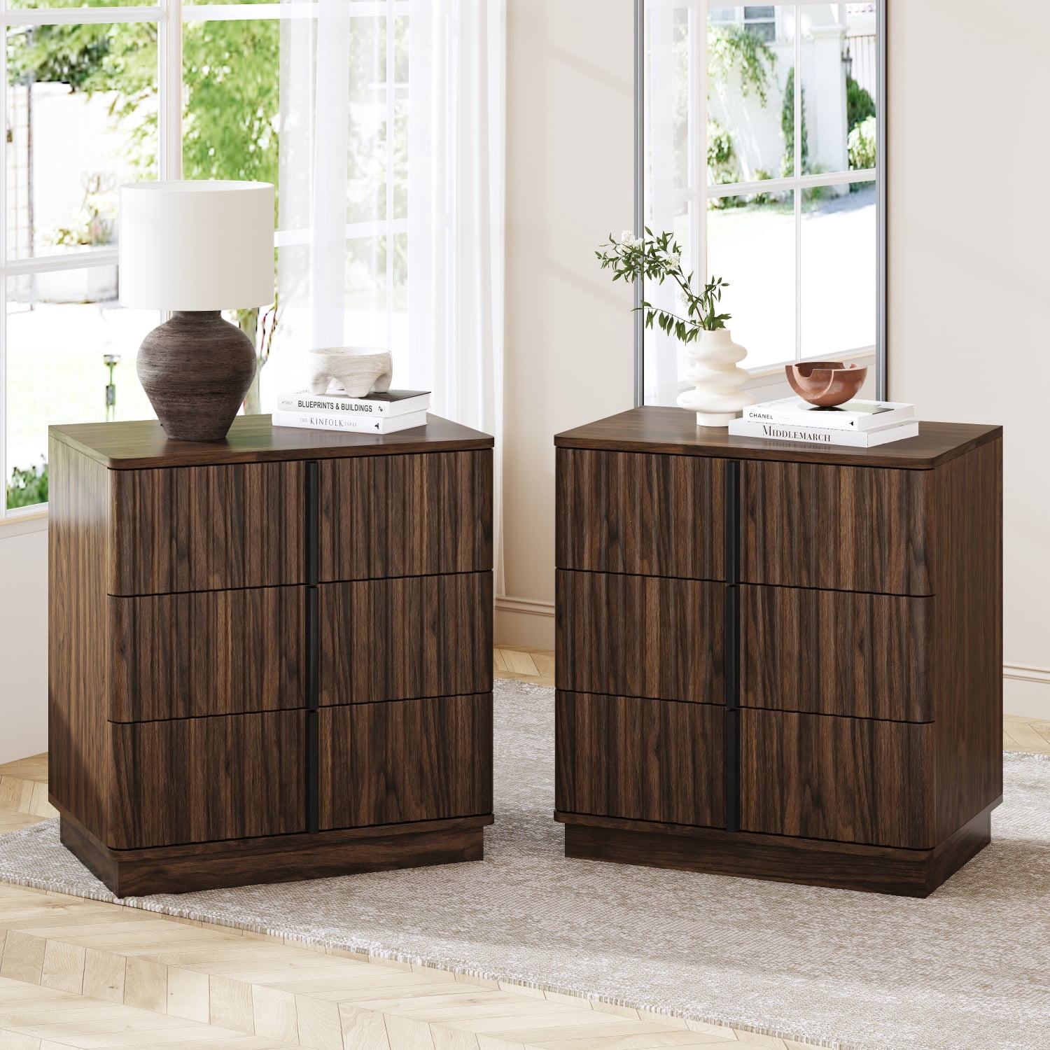 Hommoo Set of 2 Vintage Vertical Stripe 3-Drawer Nightstands, MDF Bedroom Side Tables with Ample Storage, Modern Retro Design for Bedroom, Living Room & Home Office, Walnut