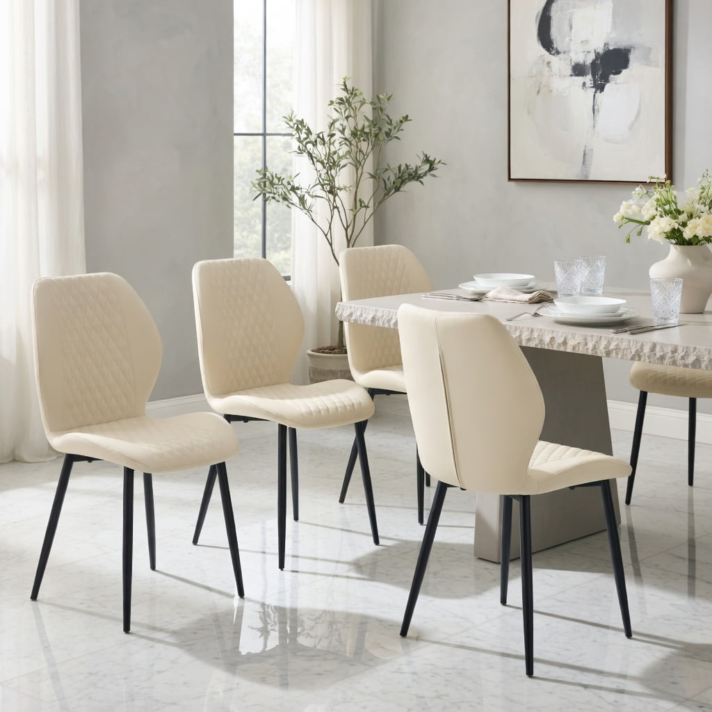 Hommoo Set of 4 Light Luxury Diamond-Quilted PU Dining Chairs with Black Metal Legs, Modern Ergonomic Upholstered Chairs for Dining Room, Cafe & Small Spaces, Off White