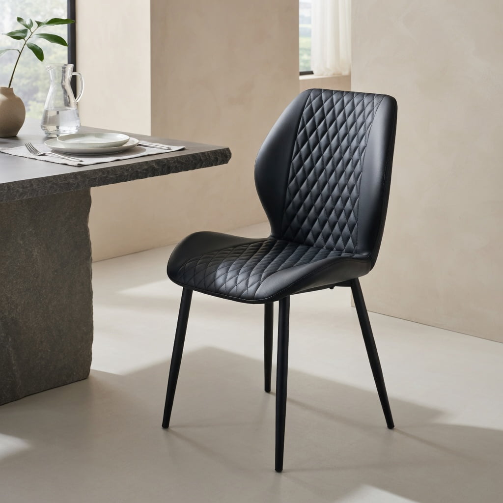 Hommoo Set of 4 Modern Diamond-Quilted PU Dining Chairs with Sleek Black Metal Legs, Ergonomic Upholstered Chairs for Dining Room, Cafe & Small Spaces, Black