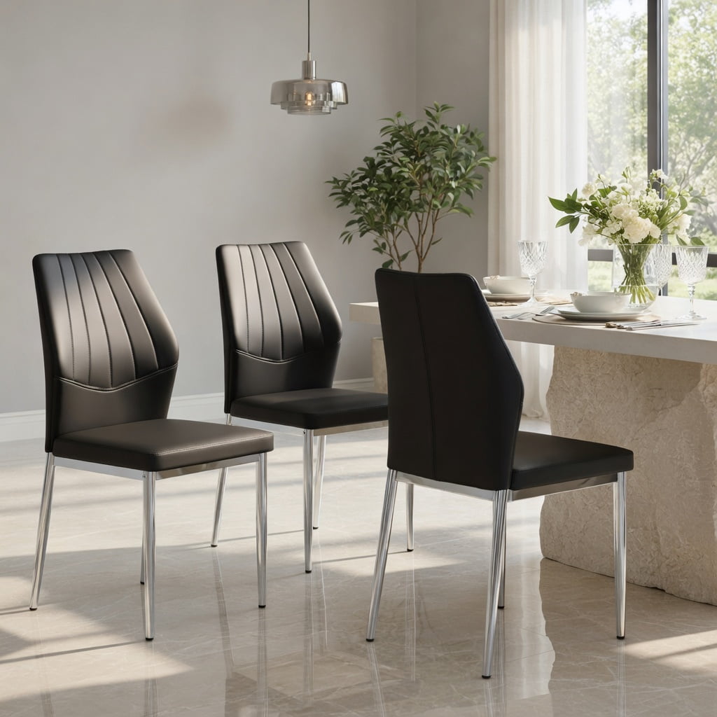 Hommoo Set of 4 Modern Dining Chairs, 37-inch Ergonomic PU Leather Chairs with Sturdy Metal Frame, Adjustable Non-Slip Feet, Easy Assembly, Black & Sliver