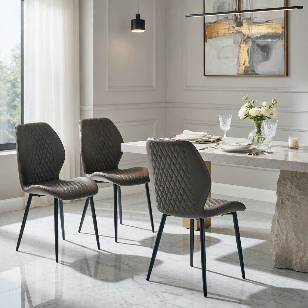 Hommoo Set of 4 Modern Light Luxury Diamond-Quilted PU Dining Chairs, Ergonomic Upholstered Chairs with Sturdy Metal Legs for Dining Room, Cafe, or Home Office, Dark Gray