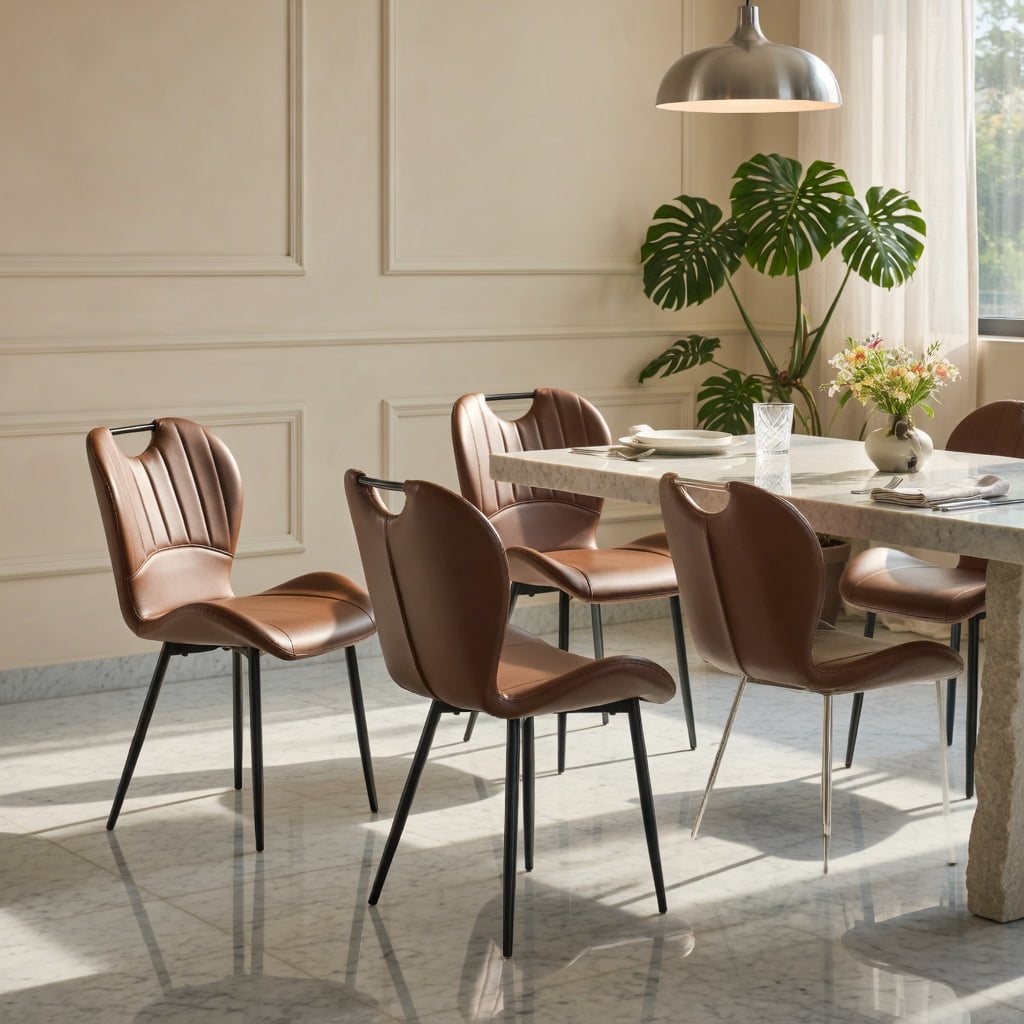 Hommoo Set of 4 Modern PU Leather Dining Chairs with Black Metal Frame, Ergonomic Wide Seat, Adjustable Leveling Feet & Integrated Handle for Kitchen, Office, or Bedroom Use, Brown
