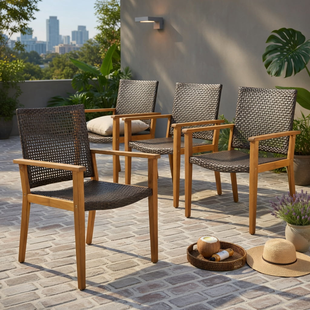 Hommoo Set of 4 Outdoor Rattan Dining Chairs with Natural Acacia Wood Frames, Weather-Resistant PE Wicker, Sturdy X-Frame Design, Ideal for Patio, Backyard, Poolside & Balcony, Brown