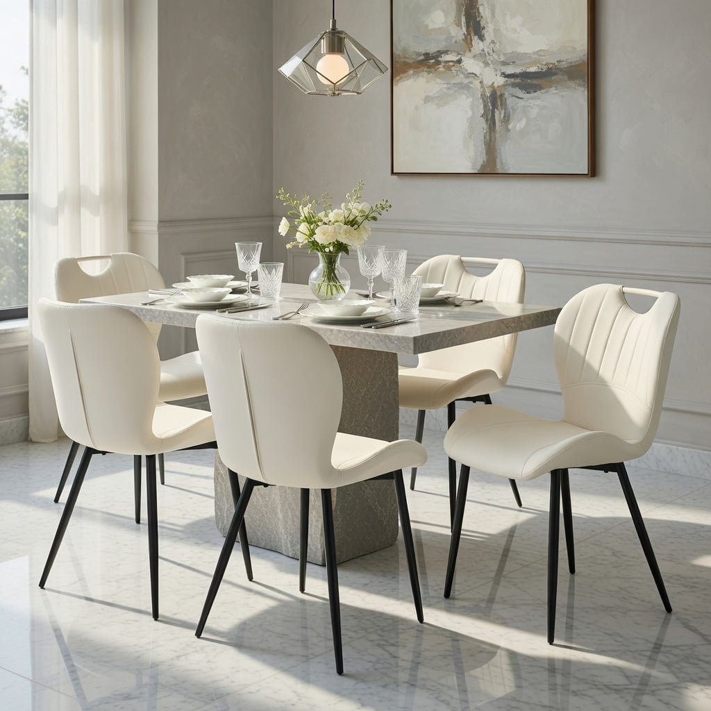 Hommoo Set of 4 PU Leather Dining Chairs with Metal Frame, Ergonomic Wide Cushion, Adjustable Leveling Feet & Integrated Handle for Modern Home, Office & Makeup Use, White