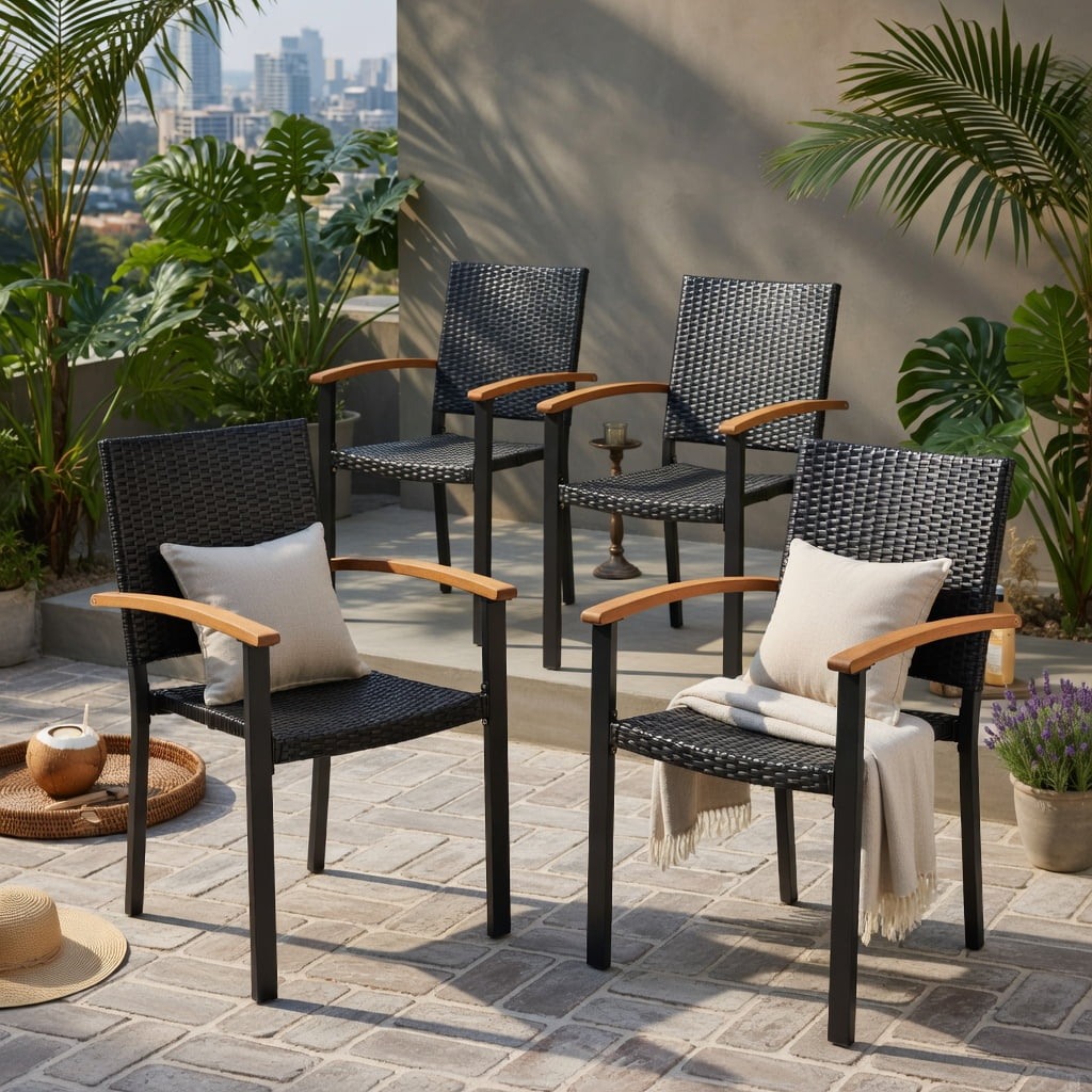 Hommoo Set of 4 Stackable Outdoor Patio Dining Chairs, PE Rattan Wicker with Powder-Coated Steel Frame & Acacia Wood Armrests, Rust-Resistant Backyard Seating, Black