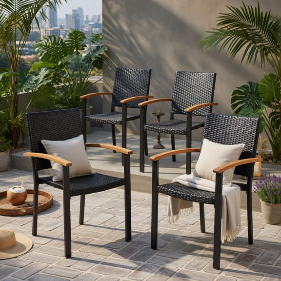 Hommoo Set of 4 Stackable Outdoor Patio Dining Chairs, PE Rattan Wicker with Powder-Coated Steel Frame & Acacia Wood Armrests, Rust-Resistant Backyard Seating, Black