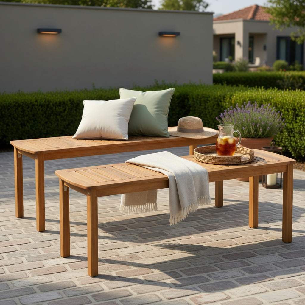 Hommoo Set of 2 Acacia Wood Outdoor Benches, Slatted Garden Bench for Patio, Deck & Entryway, 48" Rustic Wooden Seating, Natural