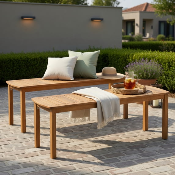 Hommoo Set of 2 Acacia Wood Outdoor Benches, Slatted Garden Bench for Patio, Deck & Entryway, 48" Rustic Wooden Seating, Natural