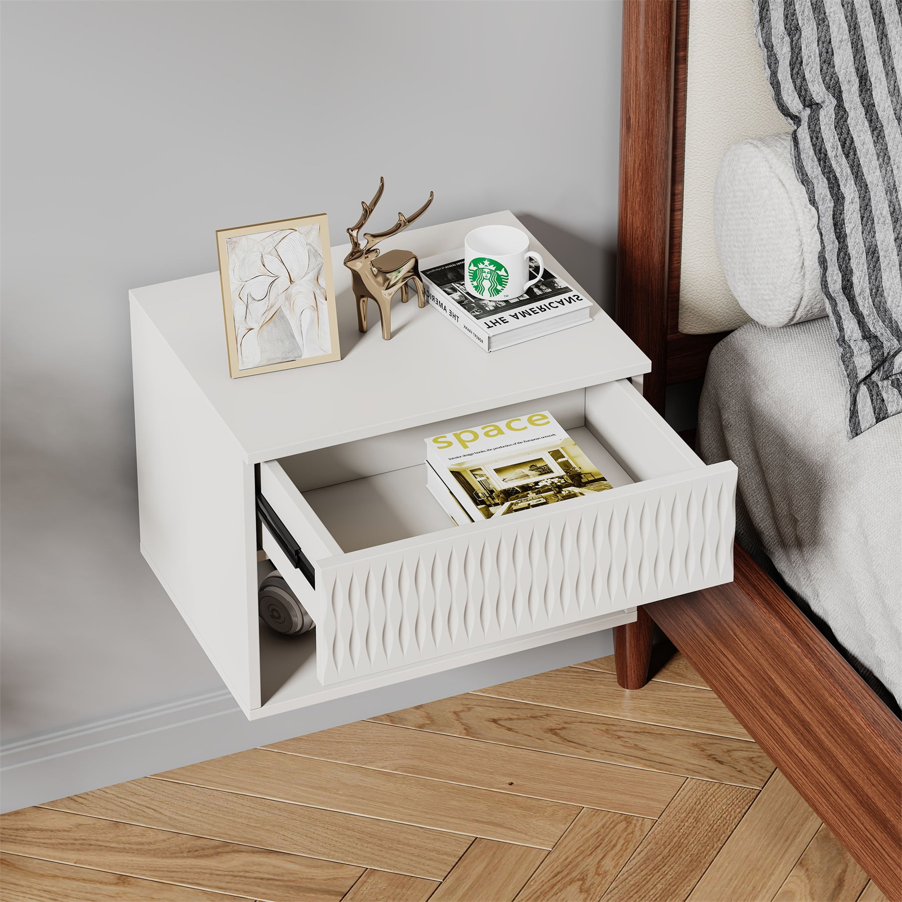 Hommoo Set of 2 Nightstand, Carved Surface Wall-Mounted Bedside Table Set with Drawer & Open Shelf, 3-Section Slides, White