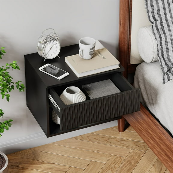 Hommoo Set of 2 Nightstand, Rhombus Carved Surface Wall-Mounted Bedside Table Set with Drawer & Open Shelf, 3-Section Slides, Black