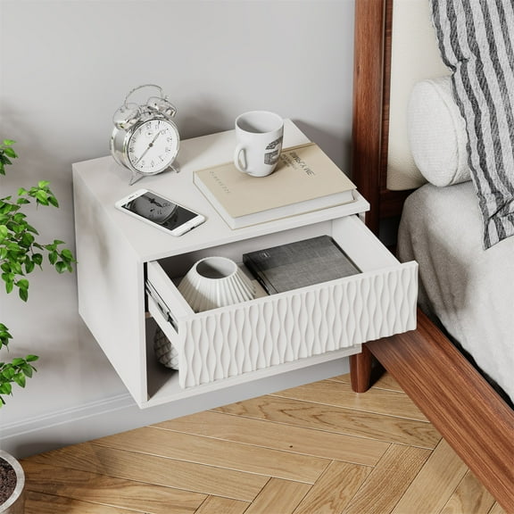 Hommoo Set of 2 Nightstand, Rhombus Carved Surface Wall-Mounted Bedside Table Set with Drawer & Open Shelf, 3-Section Slides, White