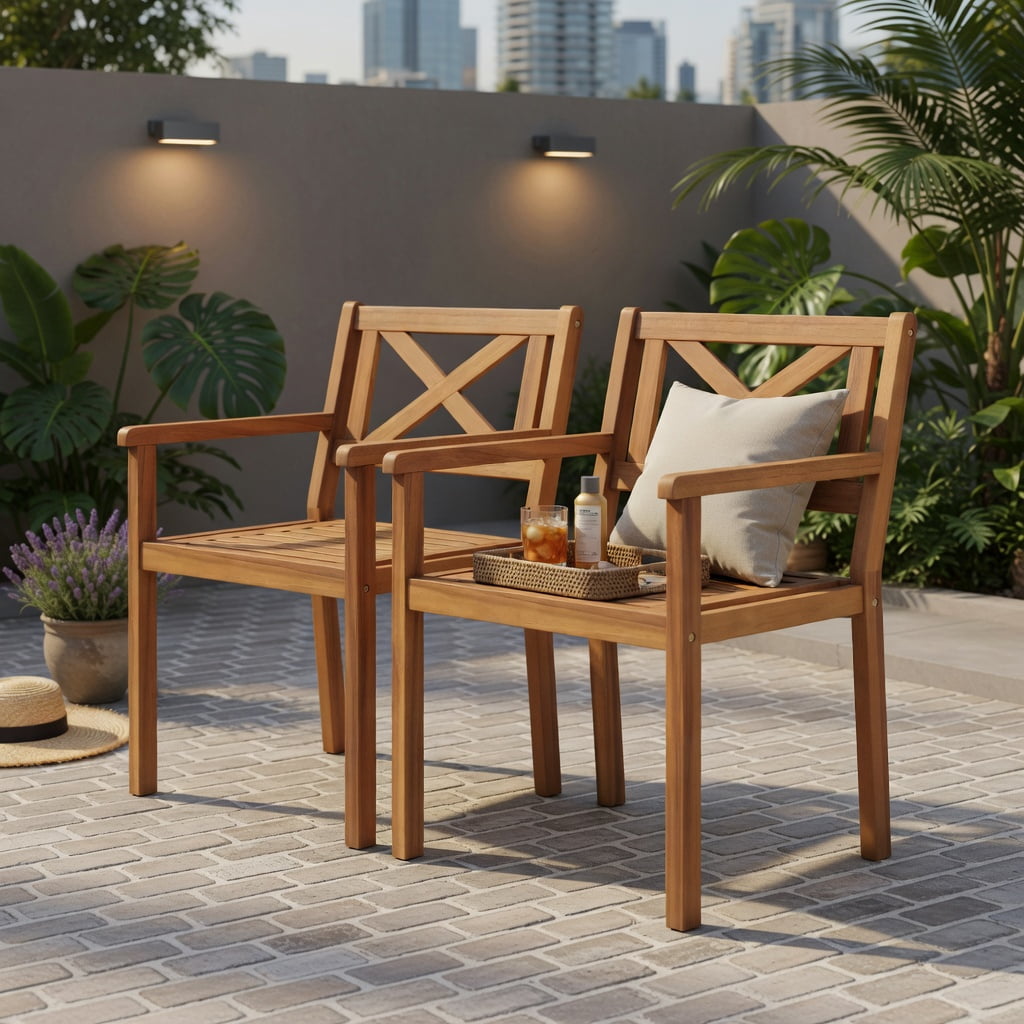 Hommoo Set of 2 Outdoor Acacia Wood Patio Dining Chairs, Teak Finish, Ergonomic Slatted Design for Deck, Porch & Garden, Natural
