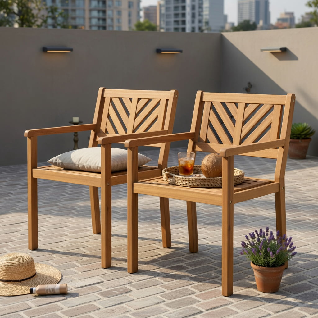 Hommoo Set of 2 Outdoor Acacia Wood Patio Dining Chairs, Teak Finish, Ergonomic Slatted Design for Garden, Deck & Balcony Seating, Natural