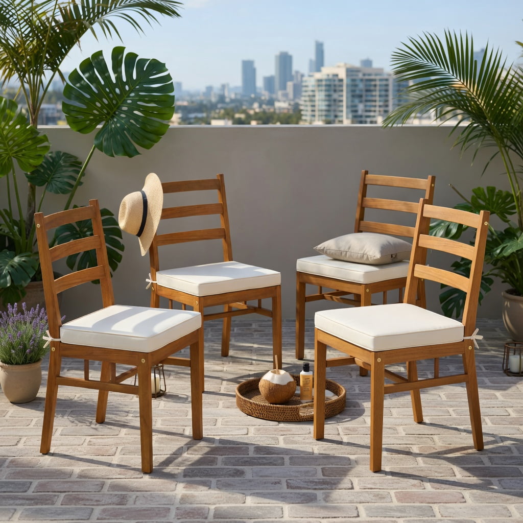 Hommoo Set of 4 Outdoor Acacia Wood Dining Chairs with Removable Polyester Cushions, Heavy-Duty H-Frame, White