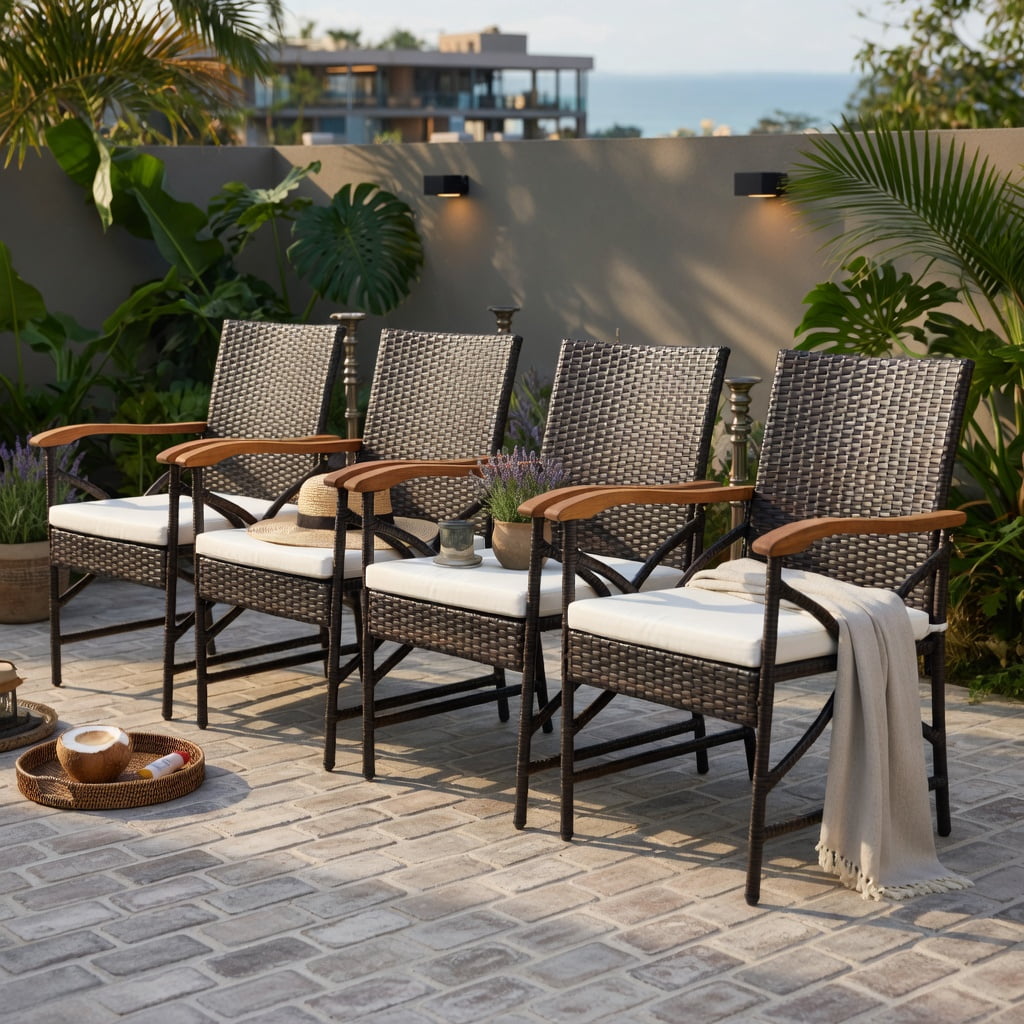 Hommoo Set of 4 Wicker Patio Chairs with Off-White Zippered Cushions, PE Rattan & Acacia Wood Outdoor Seating for Backyard, Poolside & Porch, Brown