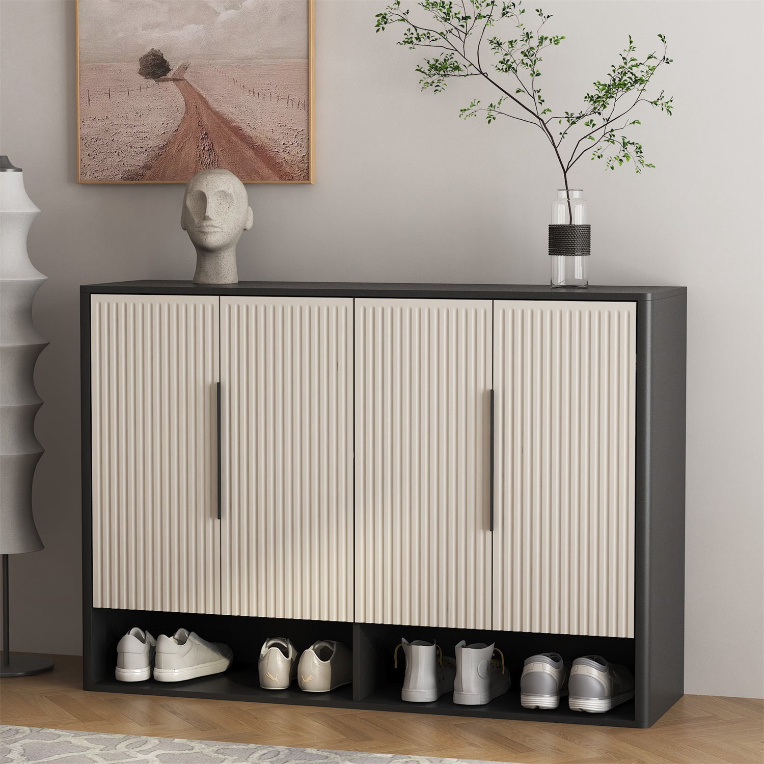 Hommoo Shoe Cabinet with 4 Doors &Adjustable Shelves, Modern Shoe Storage Organizer Cabinet, Shoe Rack Cabinet for Entryway Living room, Bedroom, Black & White