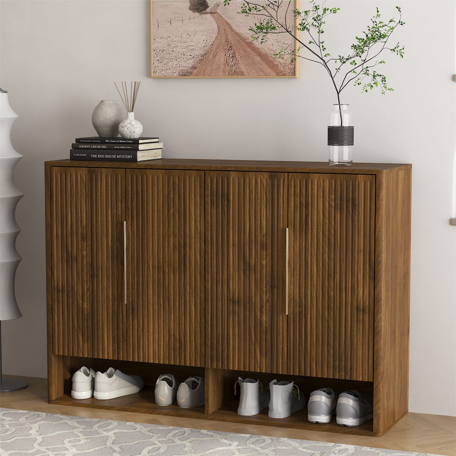 Hommoo Shoe Cabinet with 4 Doors &Adjustable Shelves, Modern Shoe Storage Organizer Cabinet, Shoe Rack Cabinet for Entryway Living room, Bedroom, Walnut