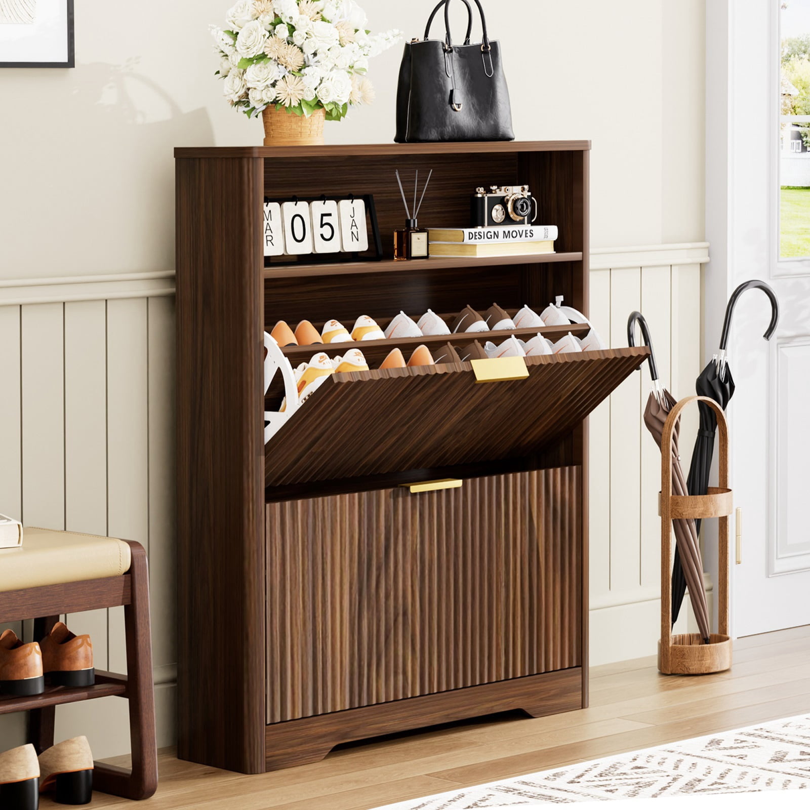 Hommoo Shoe Cabinet Storage with 2 Flip Drawers, Tall Freestanding Shoe Rack Organizer for Entryway, Foyer& Hallway, Walnut