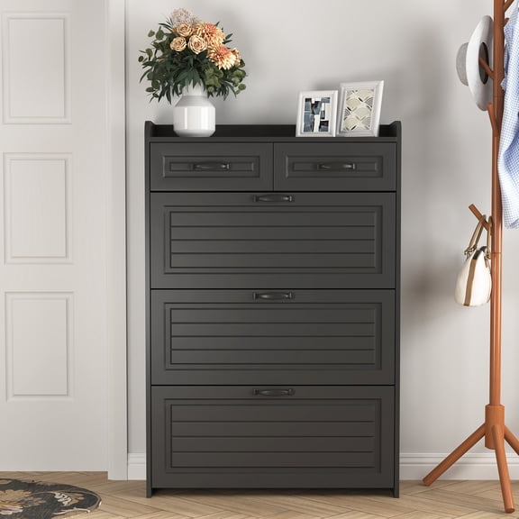 Hommoo Shoe Storage Cabinet with 3 Flip Drawers & 2 Storage Drawers, Freestanding Shoe Rack Organizer for Hallway, Closet, Dorm, Black