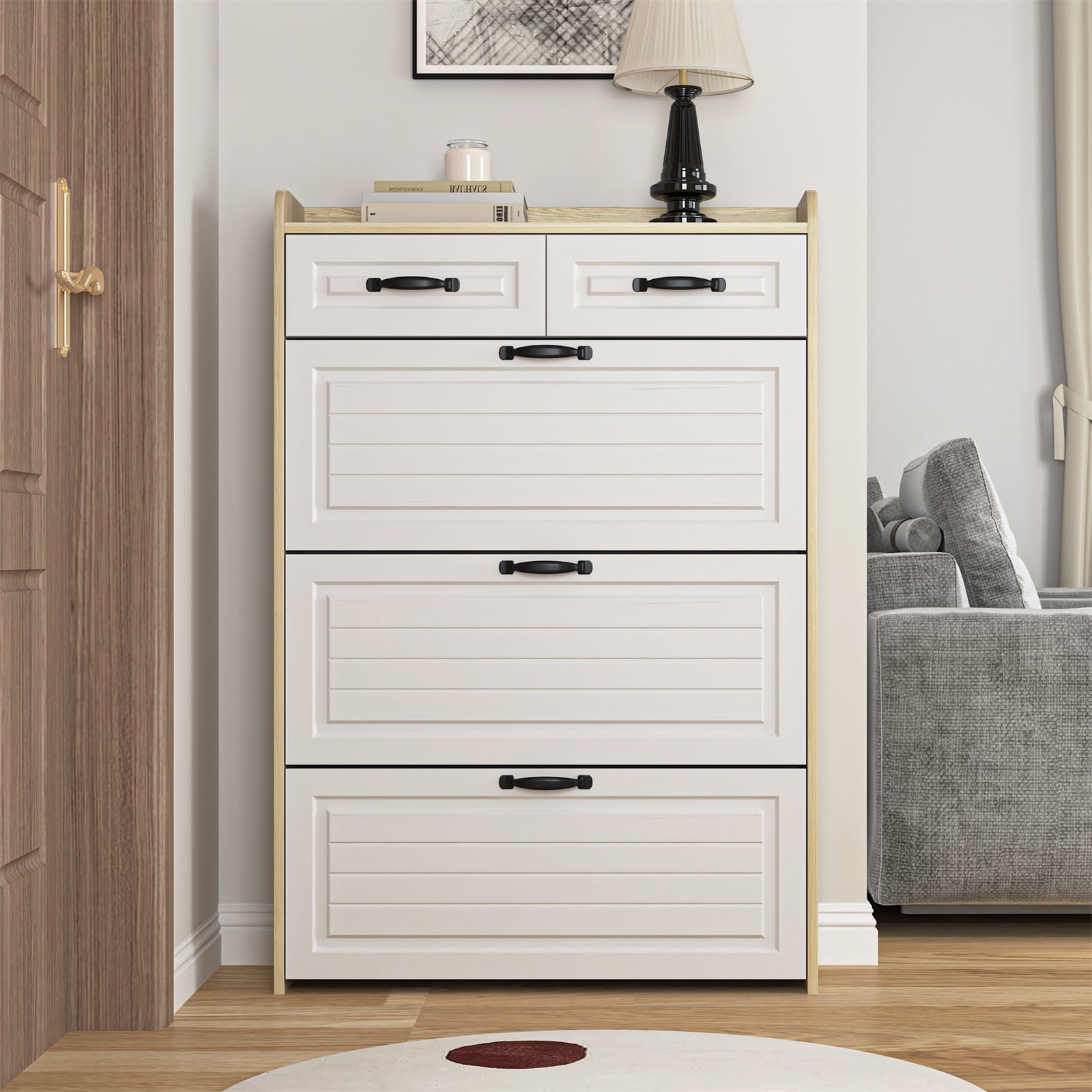 Hommoo Shoe Storage Cabinet with 3 Flip Drawers & 2 Storage Drawers, Freestanding Shoe Rack Organizer for Hallway, Closet, Dorm, White& Natural