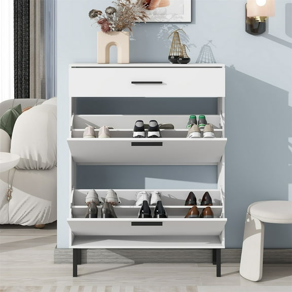Hommoo Shoe Storage Cabinet with Drawers, Freestanding Entryway Shoe Rack Storage Organizer,White