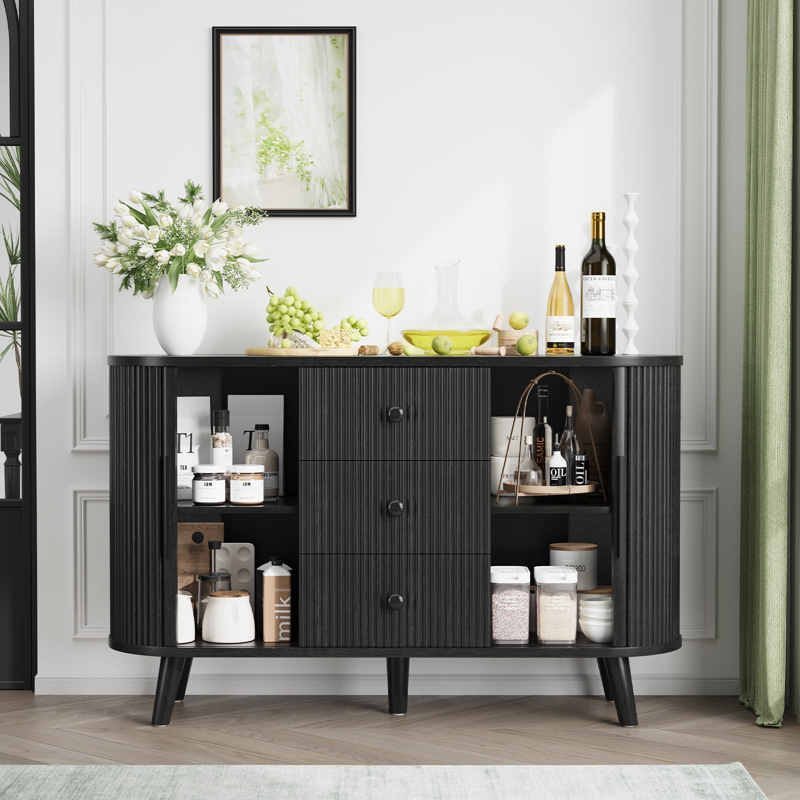 Hommoo Sideboard Buffet Cabinet with 2 Sliding Tambour Doors and 3 Drawers, Credenza Storage Cabinet with Adjustable Shelves for Living Room, Black