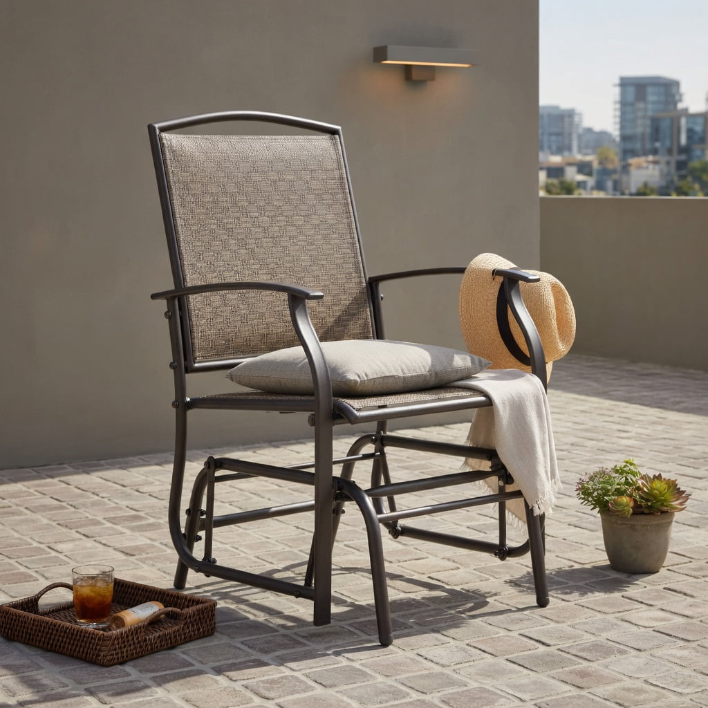 Hommoo Single Steel Frame Garden Glider Chair, Powder-Coated Wrought Iron Rocking Seating with Breathable Fabric Seat, Outdoor Patio Swing for Deck, Backyard & Balcony, Gray